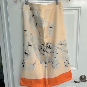 Women's Peach Floral Midi Skirt with Orange Hem